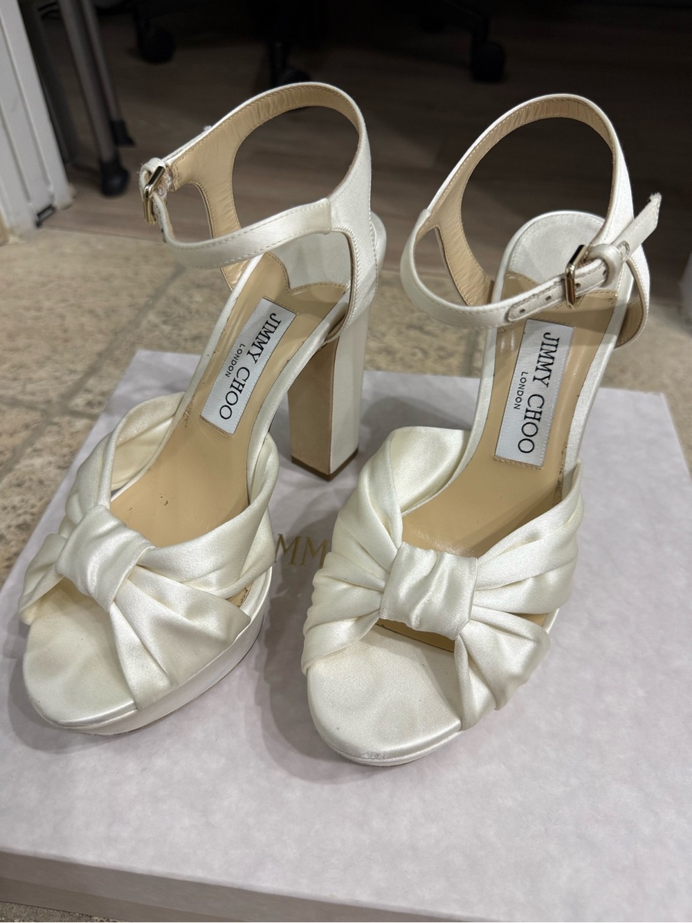 Jimmy Choo Heloise 120 Ivory Satin Platform Ankle Strap Block Heel Sandals US 7